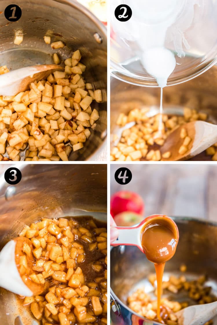 step-by-step photo collage showing how to make caramel apple pie dip.