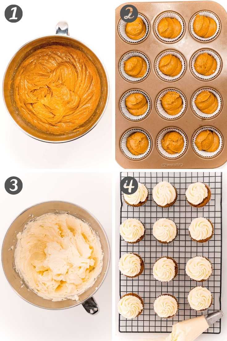 Step-by-step photo collage showing how to make pumpkin cupcakes.