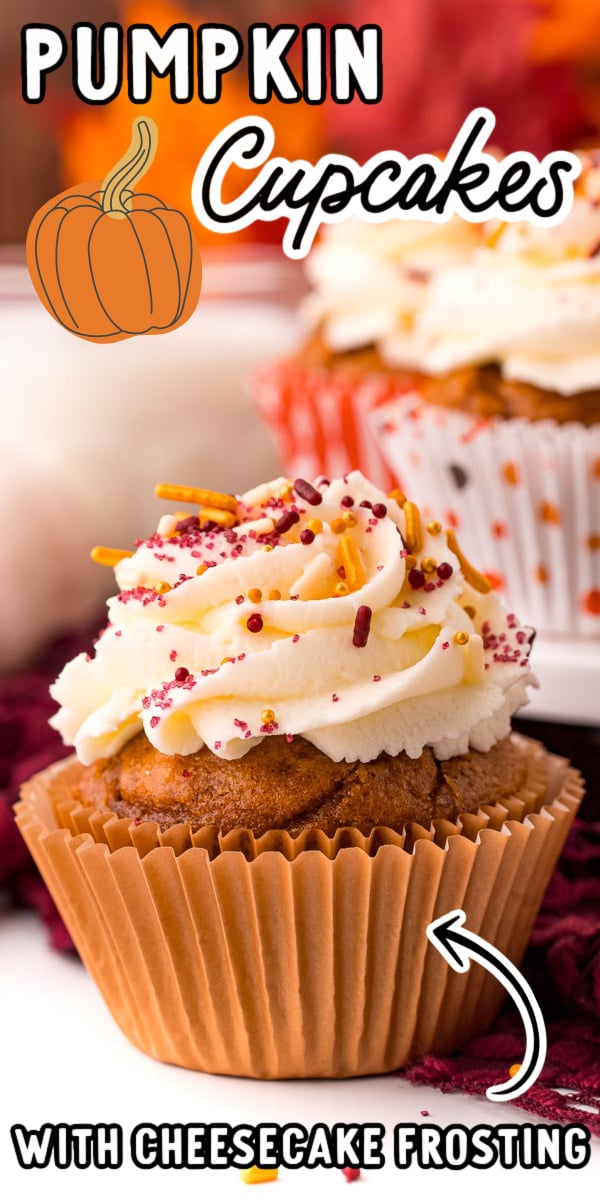 These Pumpkin Cupcakes are made with a doctored-up cake mix, a 3-ingredient whipped frosting, and then dusted with sprinkles and pumpkin pie spice!  via @sugarandsoulco