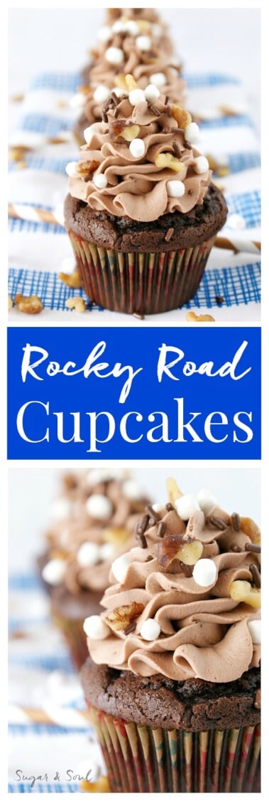 Inspired by the famous Ice Cream, these Rocky Road Cupcakes are loaded with chocolate, walnuts, and marshmallows!