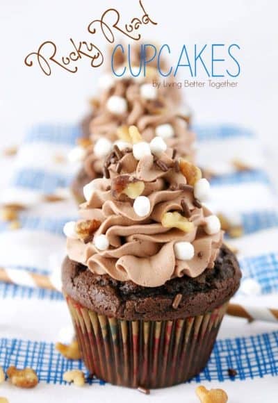 Inspired by the famous Ice Cream, these Rocky Road Cupcakes are loaded with chocolate, walnuts, and marshmallows!