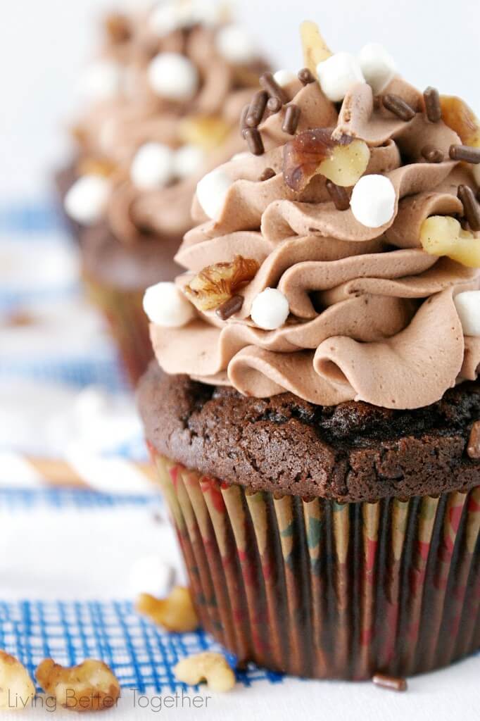 Inspired by the famous Ice Cream, these Rocky Road Cupcakes are loaded with chocolate, walnuts, and marshmallows!
