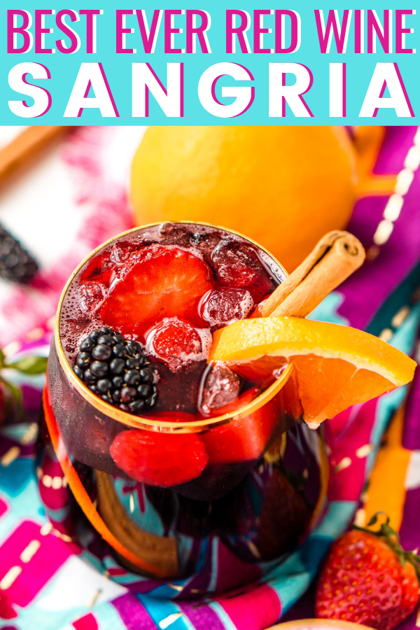 Red Wine Sangria isn't overly sweet and is a delicious big batch cocktail the whole party will love!

This Red Sangria Recipe is made with a mix of red wine, brandy, lemon-lime soda and loaded with oranges, apples, strawberries, and blackberries, plus a touch of cinnamon! via @sugarandsoulco