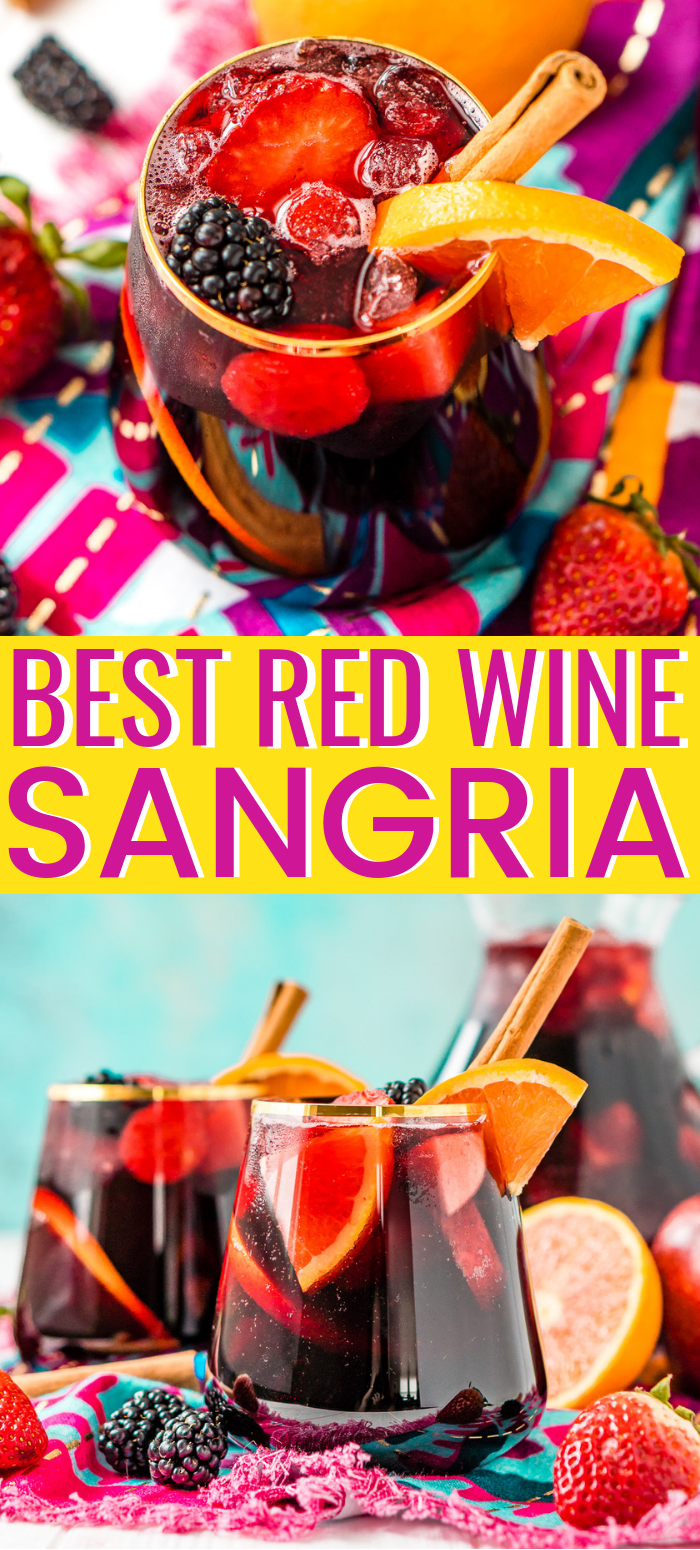 Red Wine Sangria isn't overly sweet and is a delicious big batch cocktail the whole party will love!

This Red Sangria Recipe is made with a mix of red wine, brandy, lemon-lime soda and loaded with oranges, apples, strawberries, and blackberries, plus a touch of cinnamon! via @sugarandsoulco
