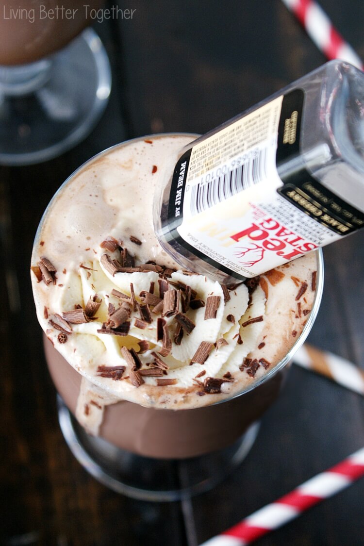 Black Cherry Hot Chocolate with empty small container of red stag bourbon upended into it