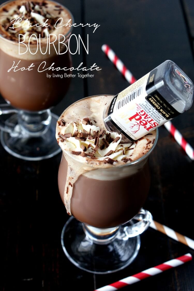 Black Cherry Bourbon Hot Chocolate - Rich chocolate with sweet homemade whipped cream and a kick of black cherry bourbon! Living Better Together