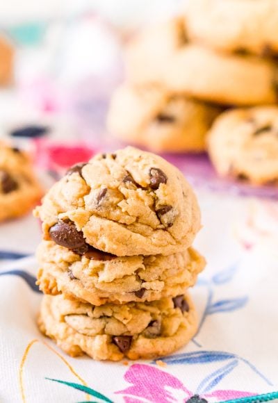 These Peanut Butter Chocolate Chip Cookies are soft and chewy and made with peanut butter, chocolate chips, vanilla pudding, brown sugar, and more!