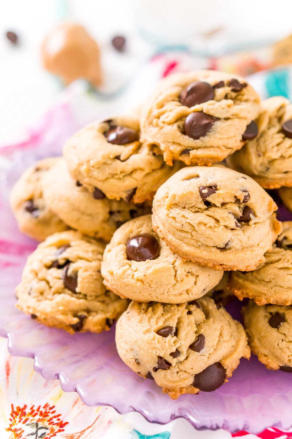 Peanut Butter Chocolate Chip Cookies on a purple plate.