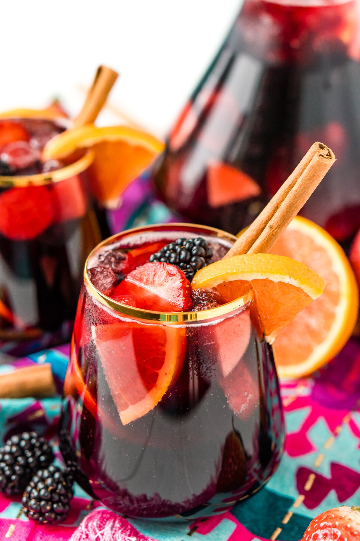 Close up photo of a glass of sangria made with red wine. 