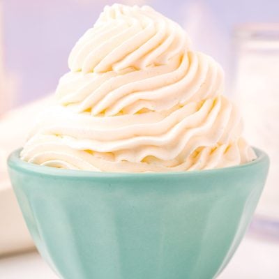 Close up photo of a light blue bowl that has whipped cream piped into it.