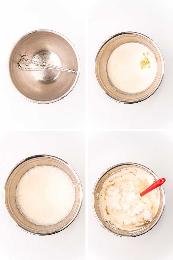 step-by-step photo collage showing how to make homemade whipped cream.