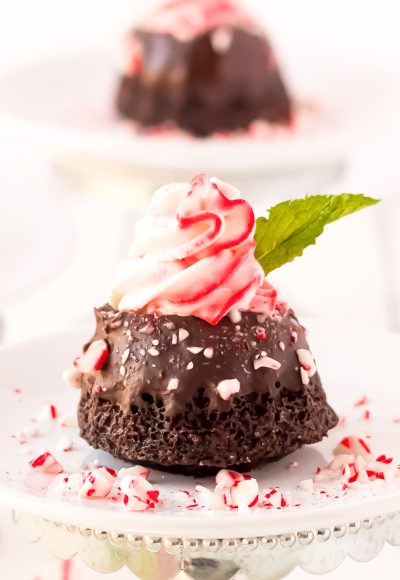 These Mini Chocolate Peppermint Bundt Cakes are a rich, decadent single-serve dessert made with cocoa powder, coffee, and topped with peppermint whipped cream, these treats taste like a coffeehouse favorite!