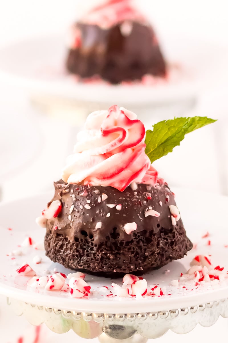 These Mini Chocolate Peppermint Bundt Cakes are a rich, decadent single-serve dessert made with cocoa powder, coffee, and topped with peppermint whipped cream, these treats taste like a coffeehouse favorite!