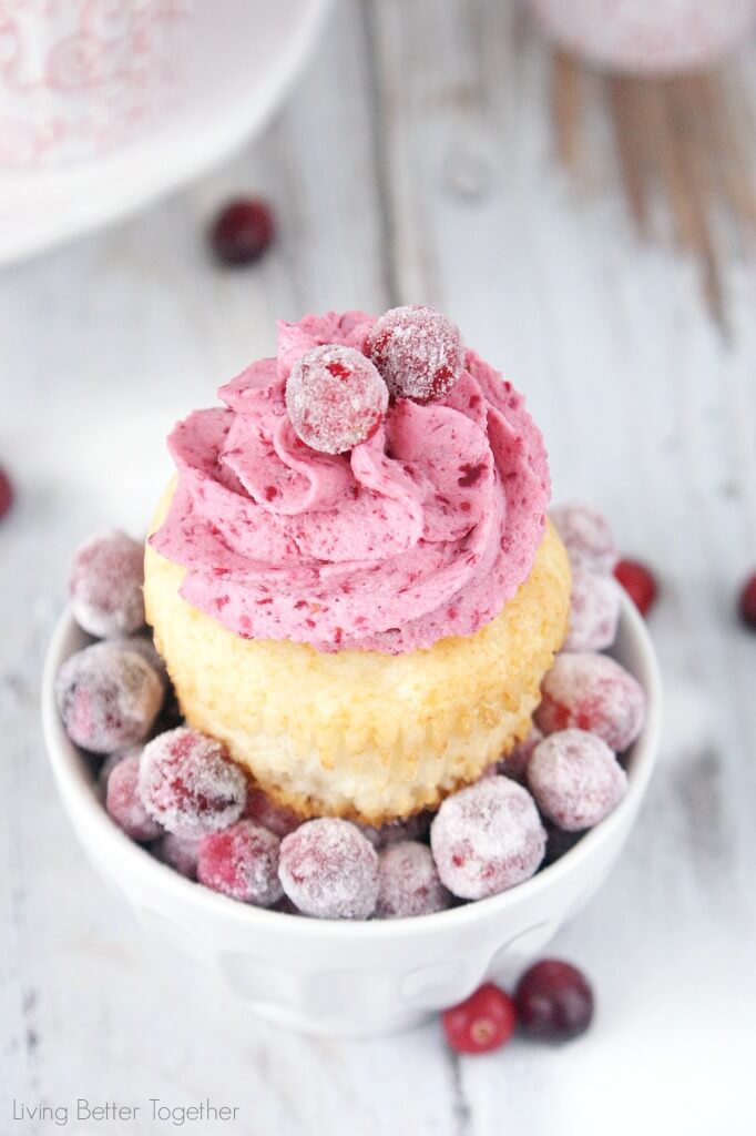 These White Chocolate Cranberry Cupcakes are the perfect mix of sweet and tart. Sugared cranberries finish them off and make them a great finish to any holiday or winter get together! Living Better Together