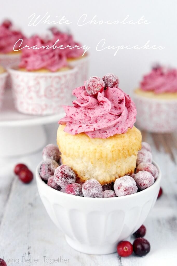 These White Chocolate Cranberry Cupcakes are the perfect mix of sweet and tart. Sugared cranberries finish them off and make them a great finish to any holiday or winter get together! Living Better Together