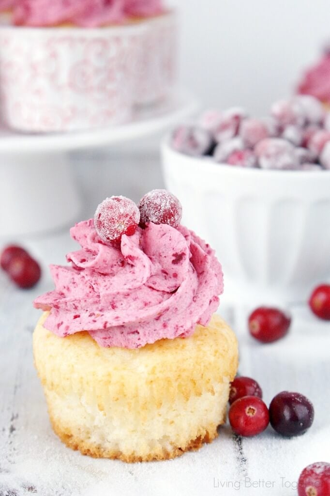 These White Chocolate Cranberry Cupcakes are the perfect mix of sweet and tart. Sugared cranberries finish them off and make them a great finish to any holiday or winter get together! Living Better Together