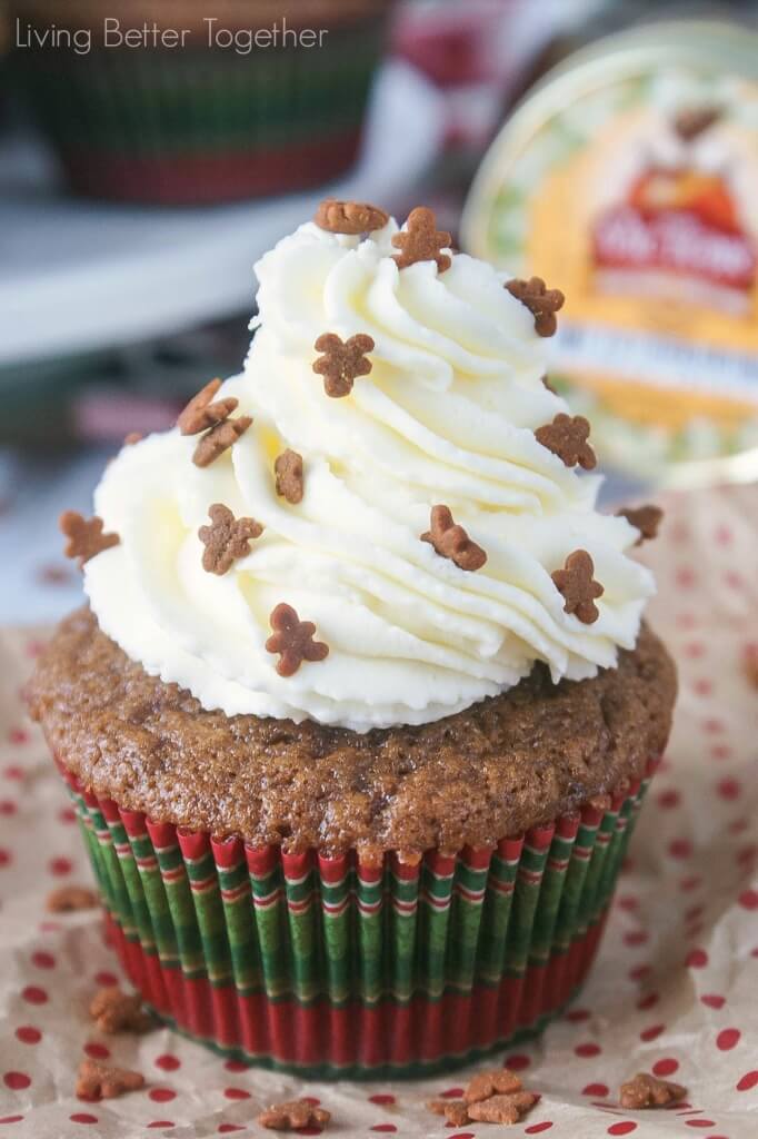 Fluffy gingerbread cupcakes topped with a silky honey buttercream frosting and finished off with sprinkles! #HoneyForHolidays #DonVictor #Ad