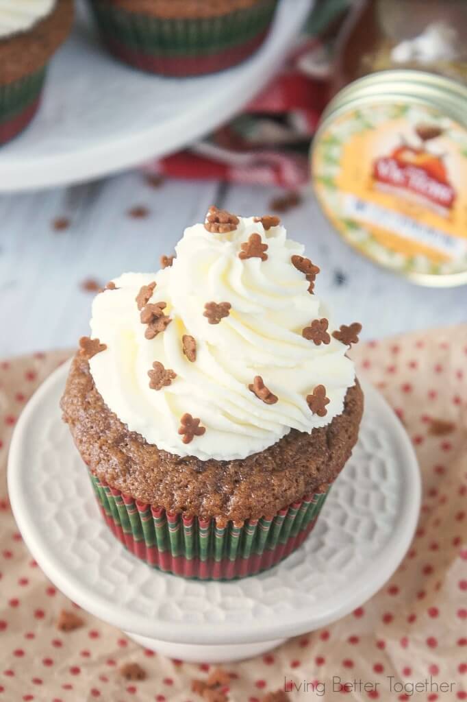 Fluffy gingerbread cupcakes topped with a silky honey buttercream frosting and finished off with sprinkles! #HoneyForHolidays #DonVictor #Ad