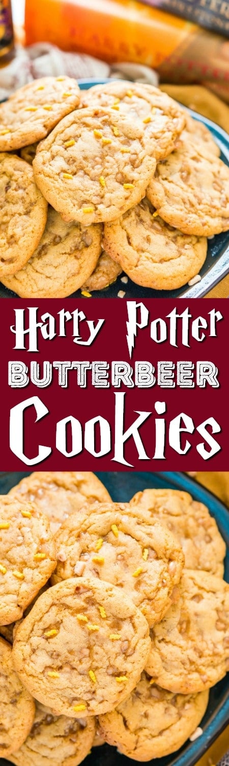 These Harry Potter inspired Butterbeer Pudding Cookies are a sweet old-fashioned blend of vanilla and butterscotch loaded up with toffee bits. Baked to perfection with a soft chewy center and lightly crisp edges, they won't last long! via @sugarandsoulco