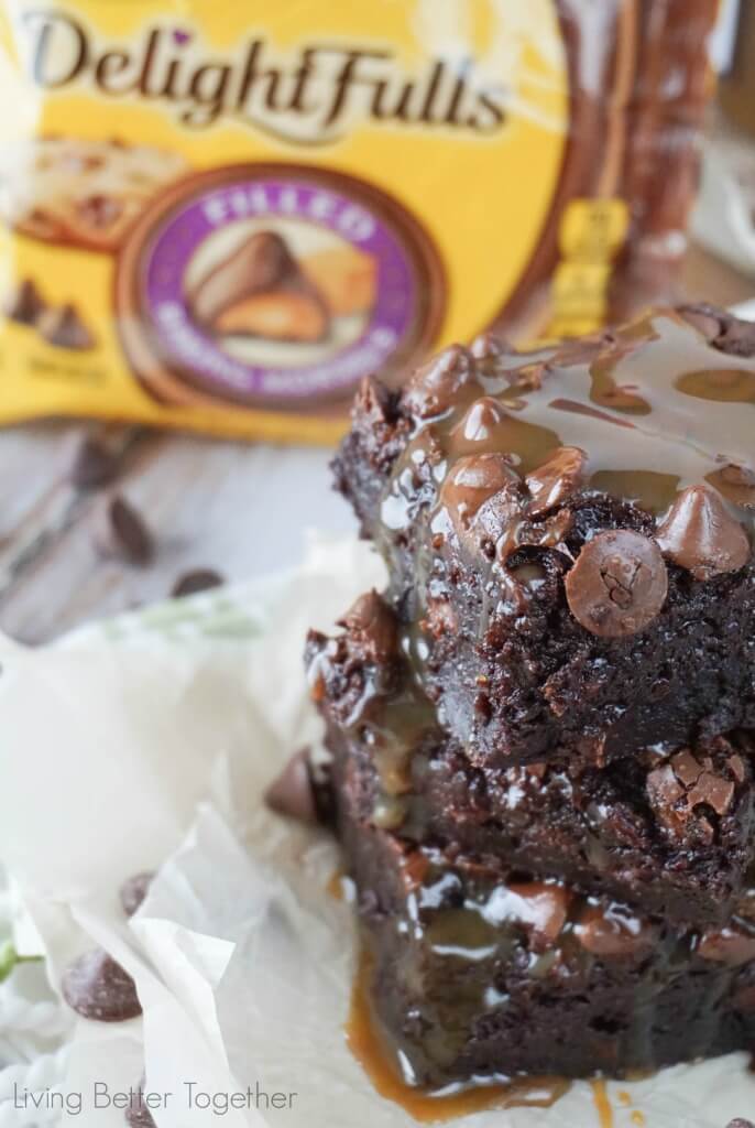 These One-Pot Caramel Fudge Brownies are loaded with Nestle Toll House DelightFulls Milk Chocolate Morsels with Caramel Filling, rippled with caramel sauce and drenched in a little more, you know, because that's the way I roll.