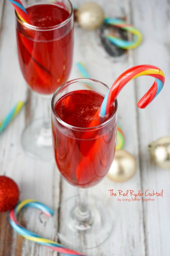 This Red Ryder cocktail was inspired by the film A Christmas Story and combines triple sec, cranberry juice, moscato and sweet tart candy canes in a class of pure holiday spirit!