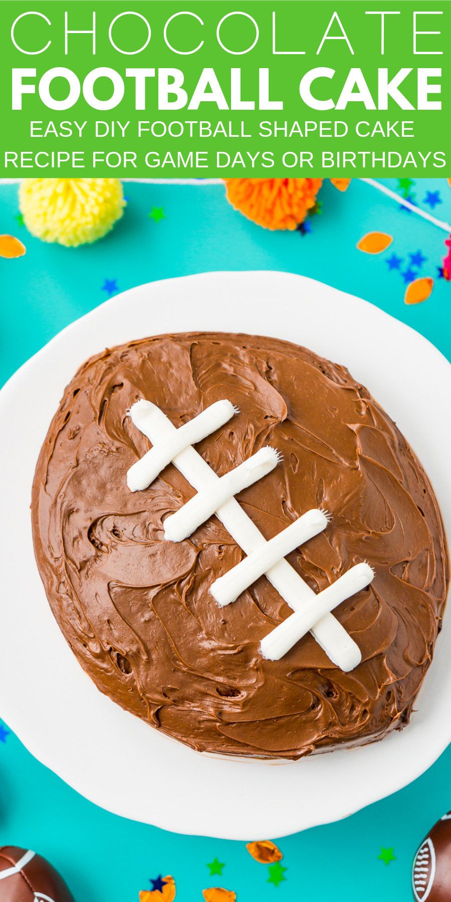 This Easy Football Cake is the perfect game day dessert! Use this simple step-by-step tutorial to make this recipe for your next football party! via @sugarandsoulco