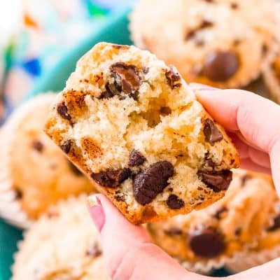 These Chocolate Chip Muffins are just the thing to start or end your day! A little dense and a little sweet, these cookie-like muffins are like eating dessert for breakfast!