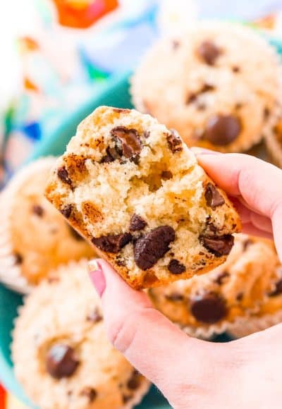 These Chocolate Chip Muffins are just the thing to start or end your day! A little dense and a little sweet, these cookie-like muffins are like eating dessert for breakfast!
