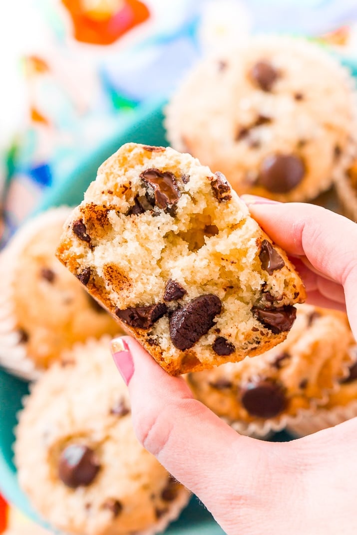 These Chocolate Chip Muffins are just the thing to start or end your day! A little dense and a little sweet, these cookie-like muffins are like eating dessert for breakfast!