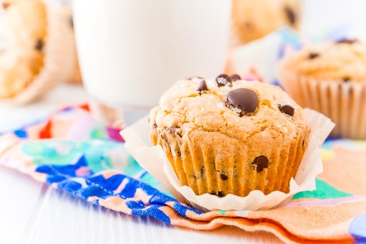 Close up horizontal photo of a chocolate chip muffin.