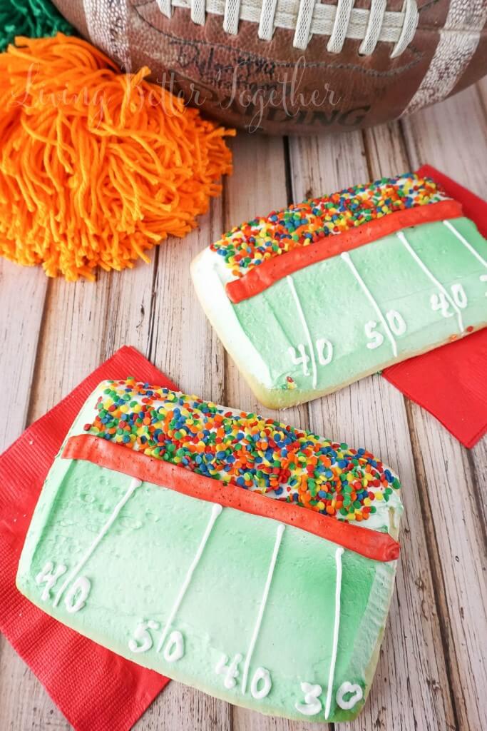 These Football Stadium Sugar Cookies are so easy to make and they're going to be the talk of the party during playoff season!