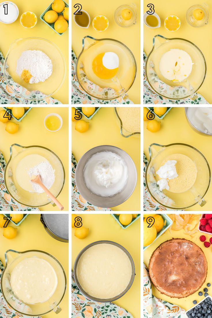 Step by step photo collage showing how to make lemon olive oil cake.