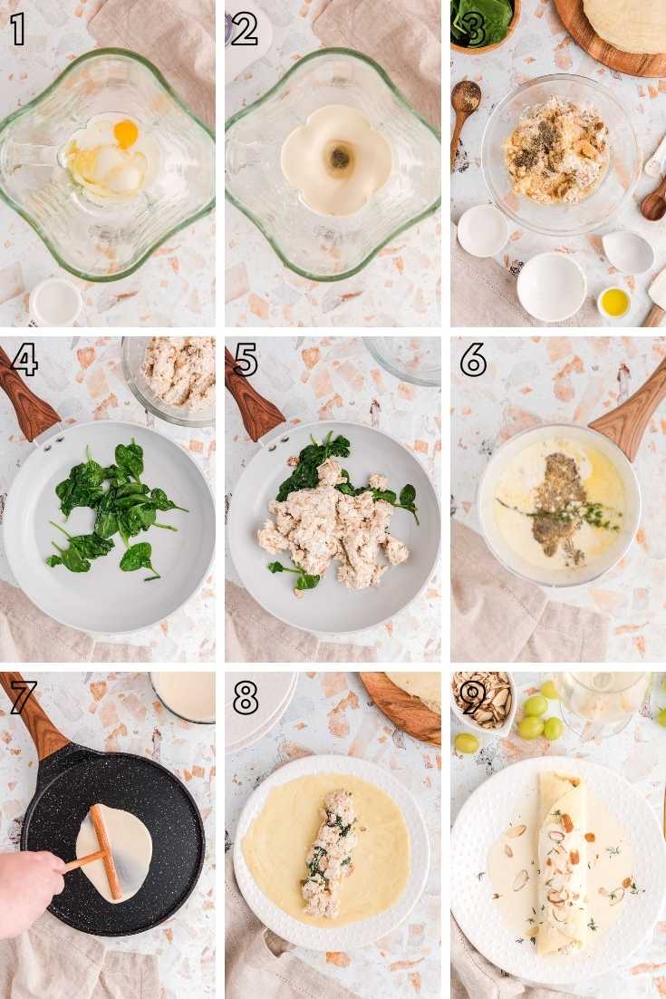 Step-by-step photo collage showing how to make spinach and chicken crepes from scratch.