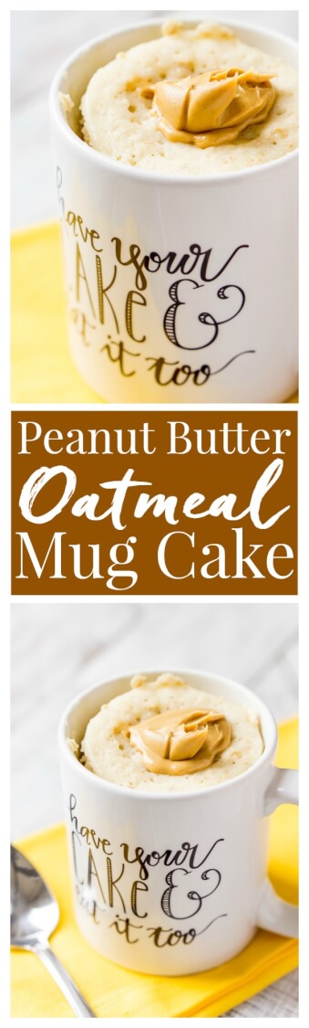 This Peanut Butter & Oatmeal Mug Cake is a simple and fast, sweet and salty fix for dessert or breakfast, it's ready in just 5 minutes! via @sugarandsoulco