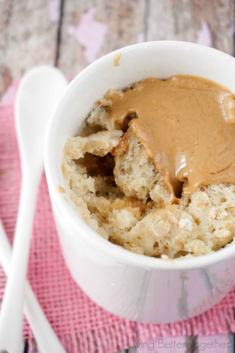 This Peanut Butter & Oatmeal Mug Cake for Two is a simple and fast fix for dessert or breakfast!