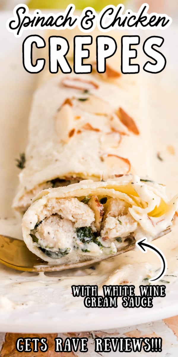 Spinach & Chicken Crepes are stuffed with lemon chicken, spinach, almonds, and ricotta and served under a thick and creamy white wine sauce! via @sugarandsoulco
