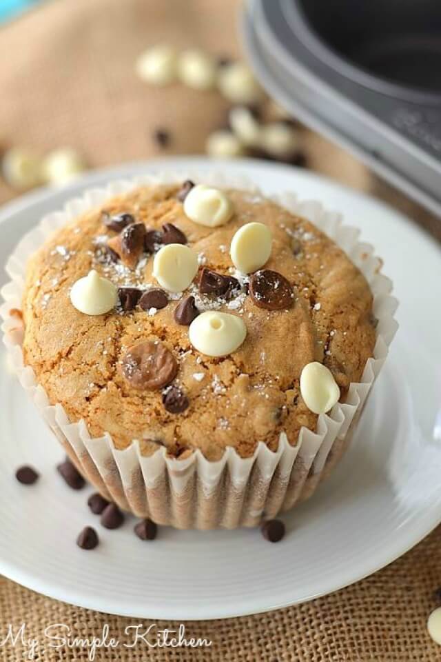 These Triple Chocolate Chip Cookie Muffins are just the thing to start your day! A little dense and a little sweet, it's like eating dessert for breakfast!