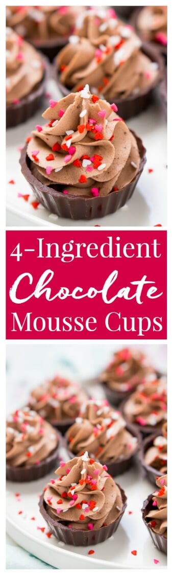 These 4-Ingredient Chocolate Mousse Cups are about as easy as it gets! They're ready in 10 minutes and there's no baking required which makes them a perfect last minute dessert! #chocolate #mousse #dessert #nobake