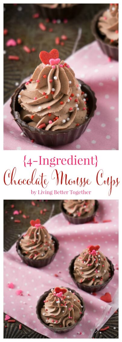 These 4-Ingredient Chocolate Mousse Cups are about as easy as it gets! They're ready in 10 minutes and there's no baking required making them a perfect last minute dessert!