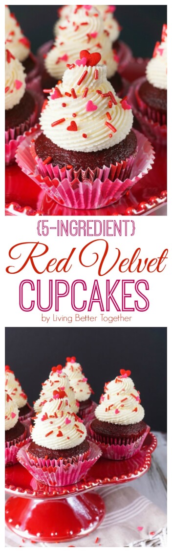 These 5-Ingredient Red Velvet Cupcakes are so easy to make, with a 2-ingredient red velvet base and a 3-ingredient cheesecake frosting, what's not to love! Whip them up for your Valentine in no time!