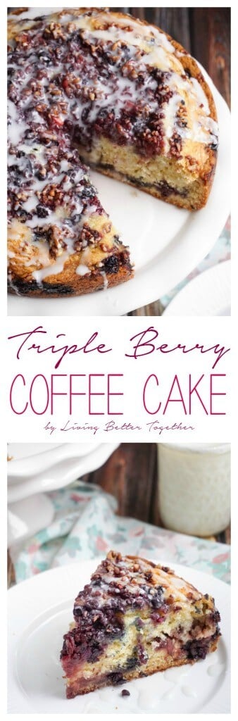 This Triple Berry Coffee Cake is simple to whip up and is loaded with strawberries, blueberries, and blackberries and finished of with pecans and icing.