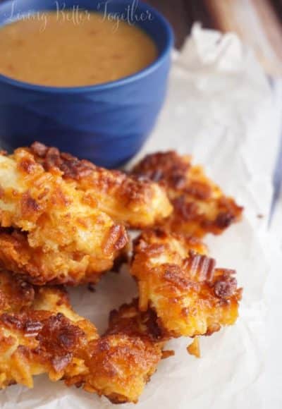 These Cheez-It Chicken Nuggets are made with moist white meat and Cheez-It Cheddar Grooves and served with a Thai Peanut Dipping Sauce. #BigGameSnacks #CollectiveBias #CRUNCHD #Ad