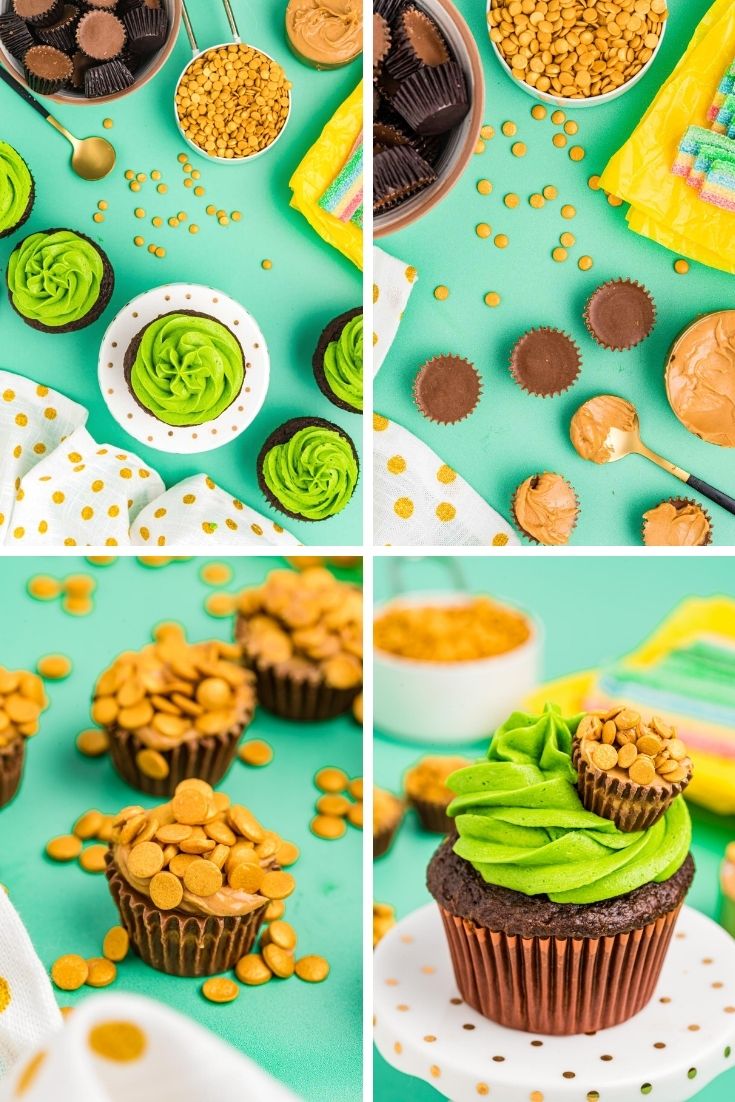 Step by step photo collage showing how to make pot of gold cupcakes.