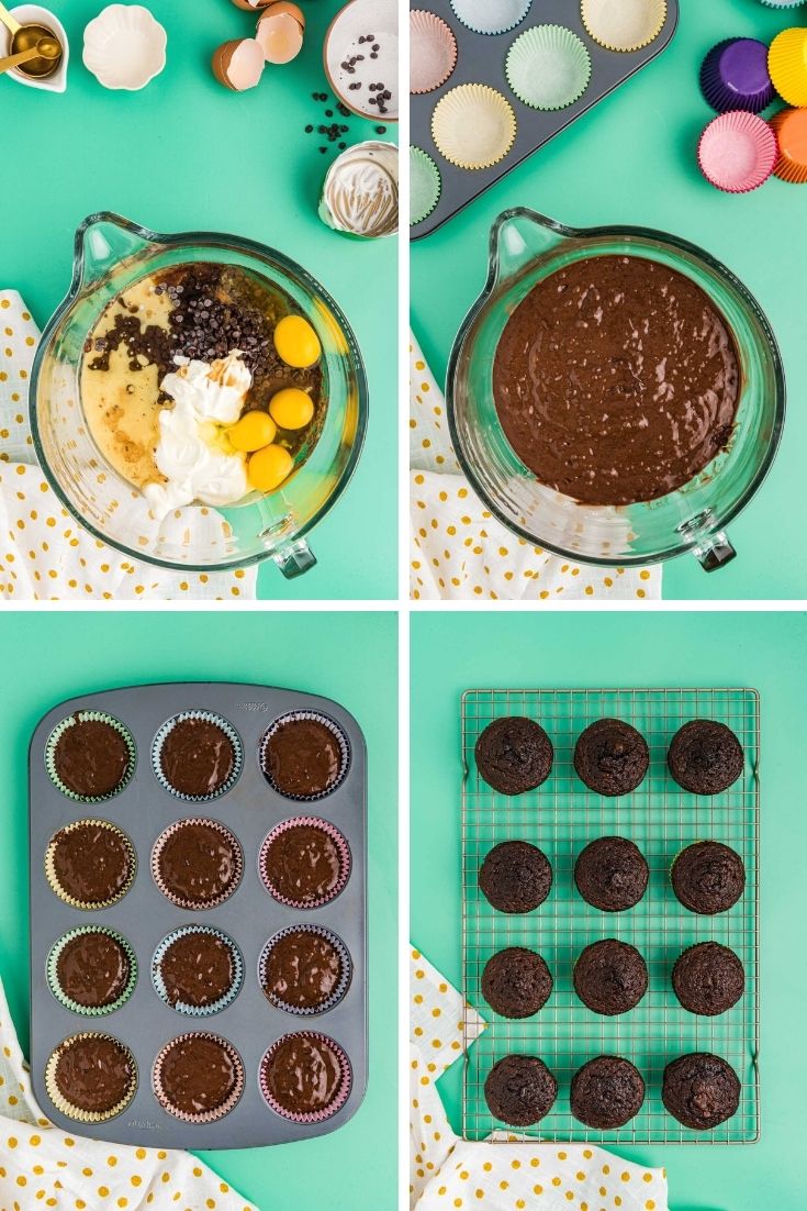 step by step photo collage showing how to make chocolate cupcakes.