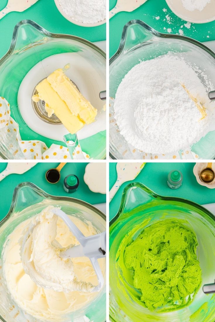 Step by step photo collage showing how to make green frosting.