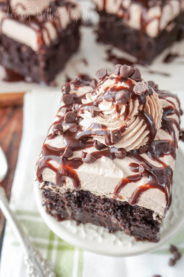 This Mocha Poke Cake is rich, moist, chocolate, and topped with a whipped coffee frosting.