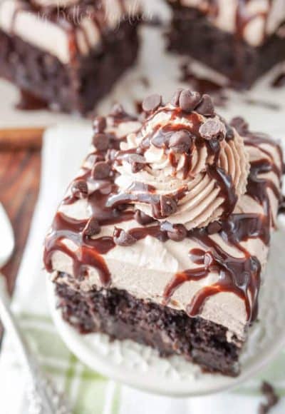 This Mocha Poke Cake is rich, moist, chocolate, and topped with a whipped coffee frosting.