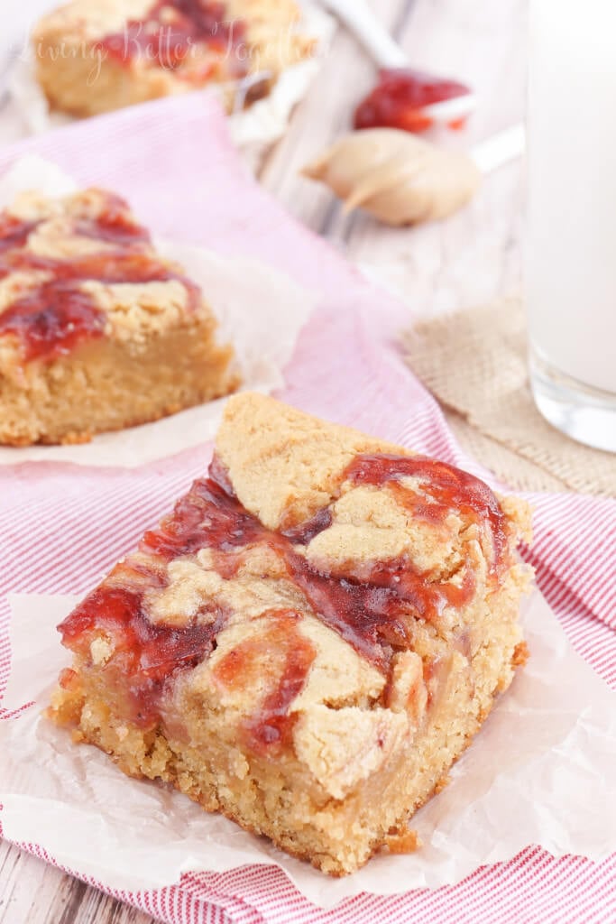 These Peanut Butter and Jelly Blondies are an easy dessert the whole family will love!