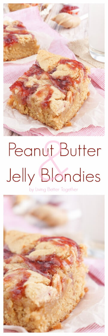 These Peanut Butter and Jelly Blondies are an easy dessert the whole family will love! via @sugarandsoulco