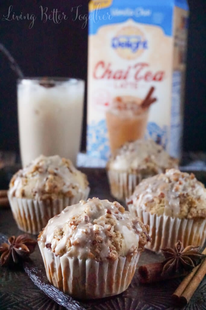 These Vanilla Chai Crumble Muffins are the essence of a cozy breakfast. Made with vanilla chai, Vietnamese cinnamon, brown sugar, pecans, and a sweet glaze, they're absolutely delicious! #IDelightInChai #ad